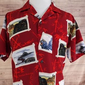 OCEAN CURRENT SHORT SLEEVE RED FLORAL PALM TREES BUTTON UP HAWAIIAN SHIRT SZ M